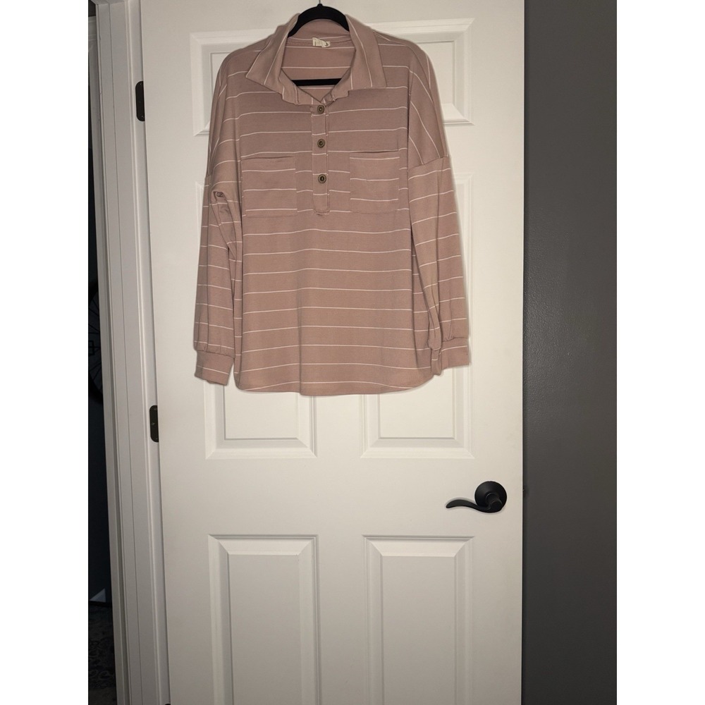 Lovely Melody Relaxed Polo Long Sleeve Mauve White Stripe Large